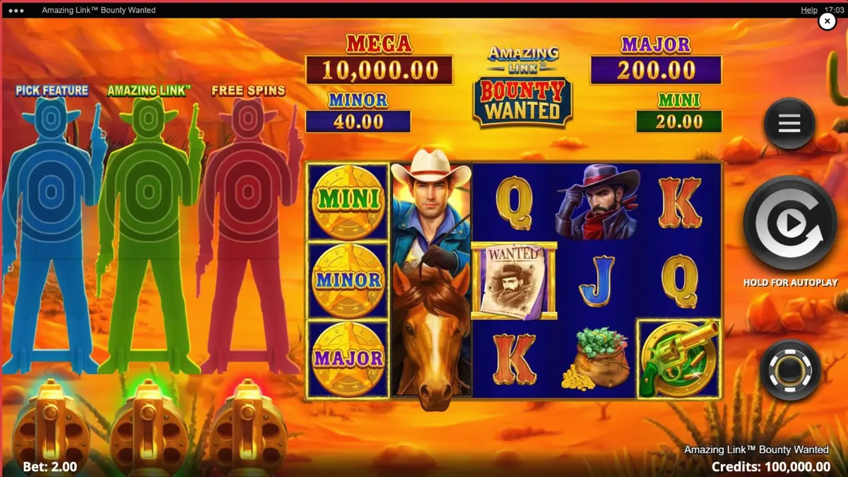 Isang cowboy na may baril sa gitna ng disyerto, naghahanap ng bounty sa Amazing Link Bounty Wanted slot.