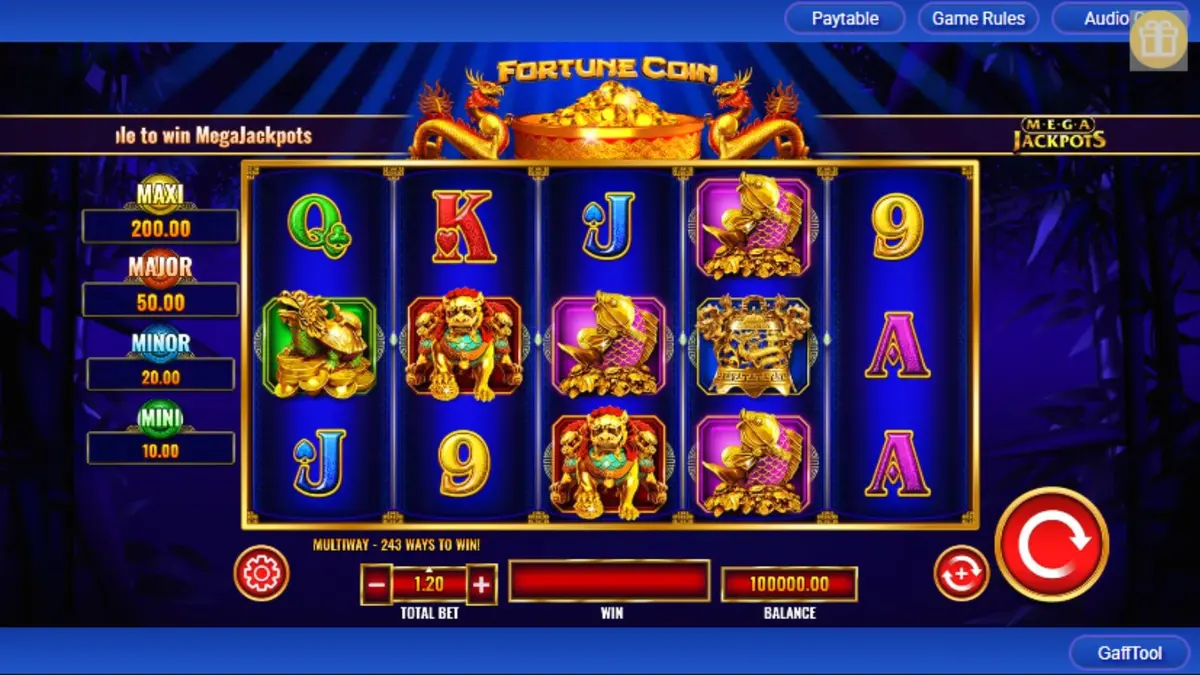 Fortune Coin Mega Jackpot slot machine interface na may gintong tema