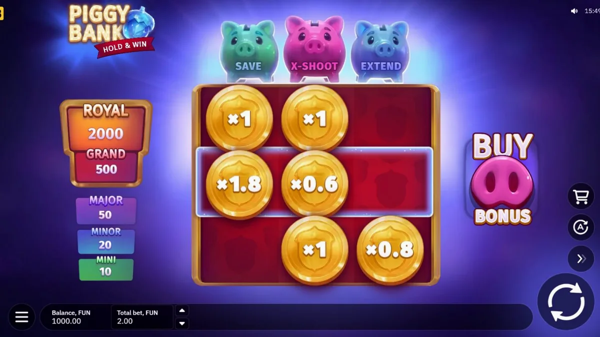 Makulay na Piggy Bank Hold & Win slot machine na may mga gintong barya at piggy characters.