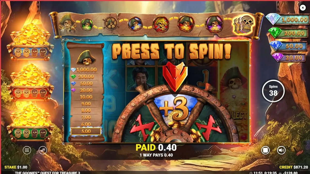The Goonies Quest for Treasure 3 slot game interface featuring iconic movie characters and treasure map elements.