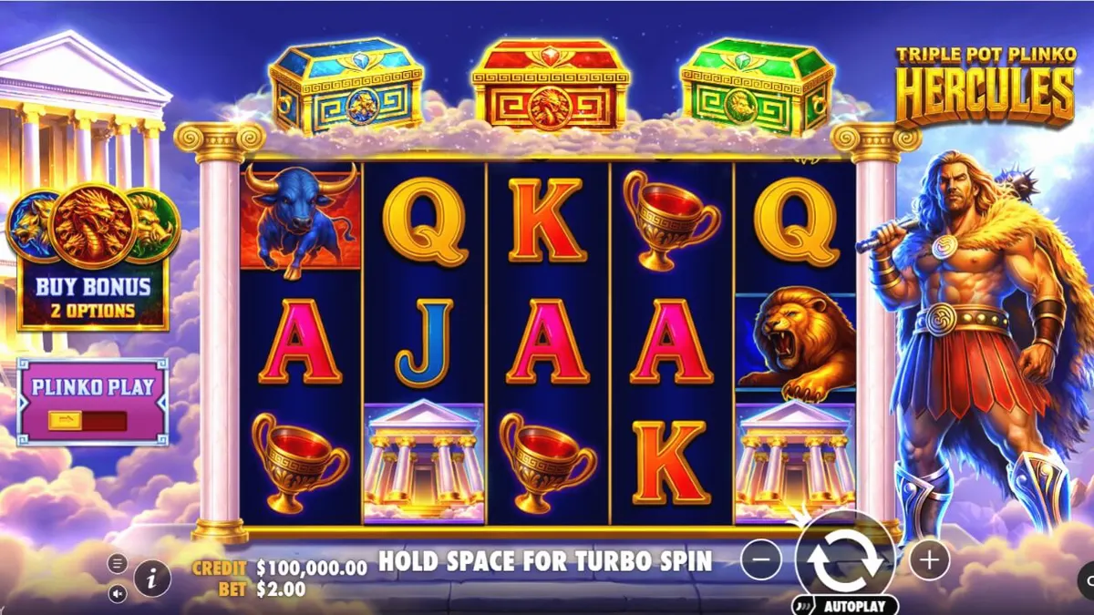 Isang makulay na screen ng Triple Pot Plinko – Hercules slot na nagpapakita ng mga scatter pots at ang pyramid bonus game.